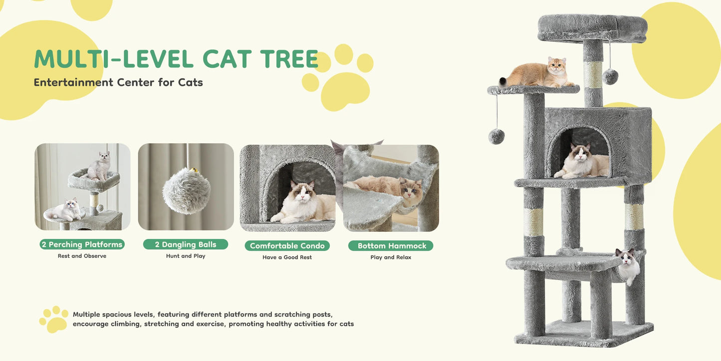 44In Cat Tree Tall Multi-Cat Climbing Tower Natural Sisal Scratching Posts
