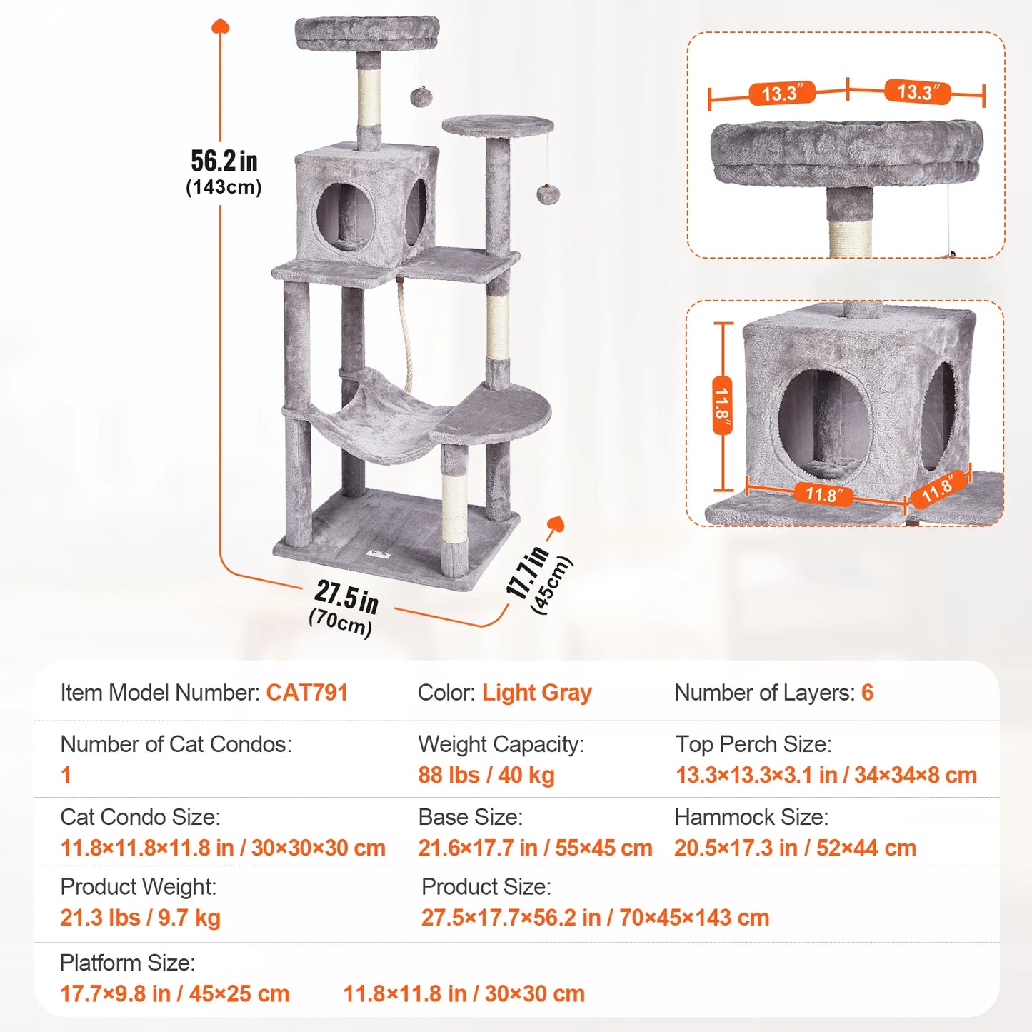 Cat Tower with Cat Condo Sisal Scratching Post Hammock and Top Perch