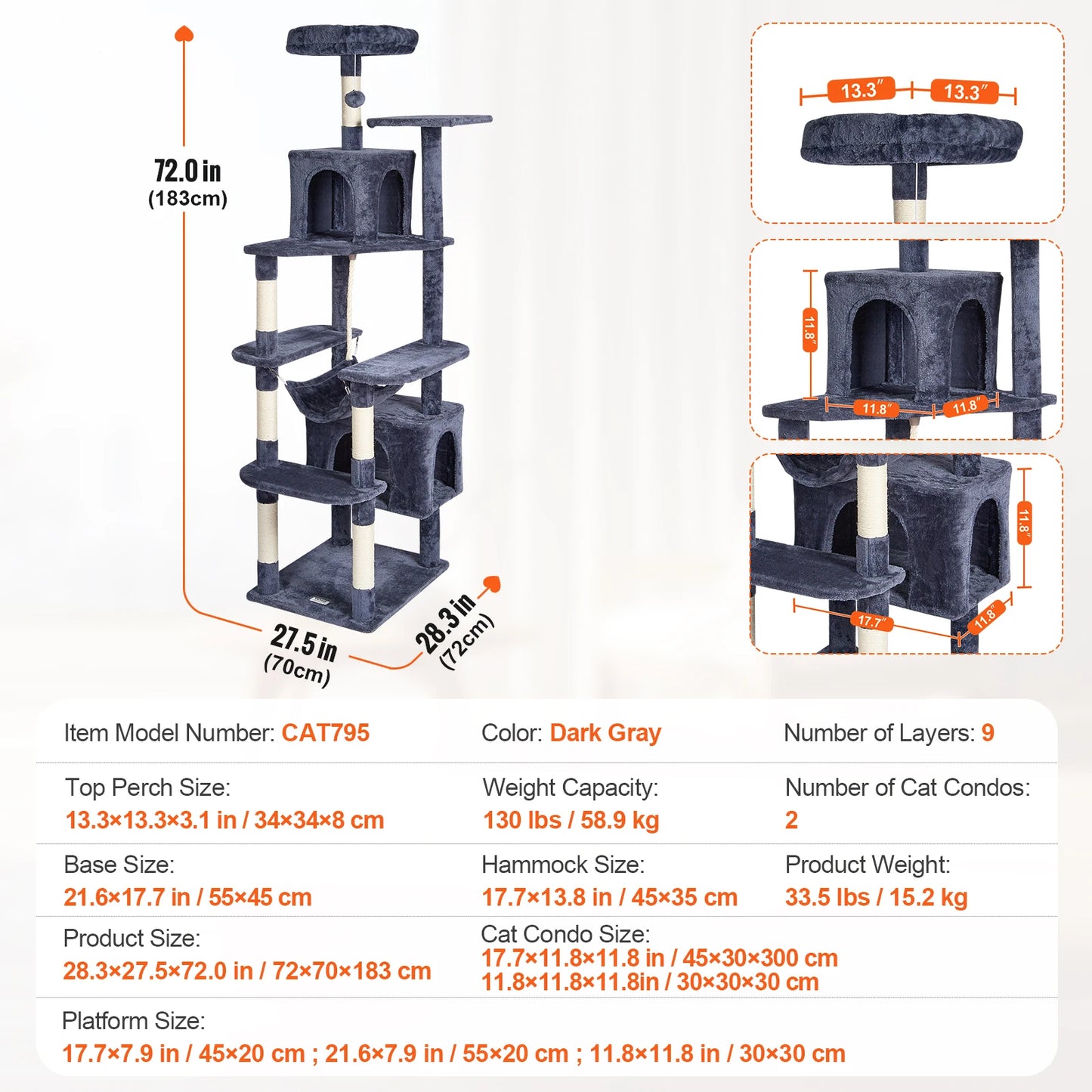 Cat Tower with Cat Condo Sisal Scratching Post Hammock and Top Perch