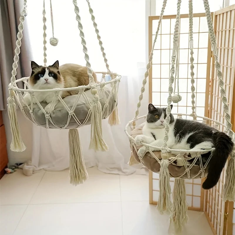 Extra Large Hand-woven Cotton Rope Cat Hammock 40cm/15.75in Super Load-bearing Durable Fits 2 Cats