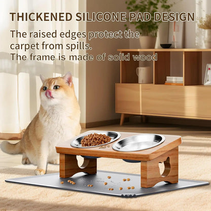 15° Tilted Elevated Pet Bowls with Silicone Mat, Solid Wood Stand for Cats and Small Dogs