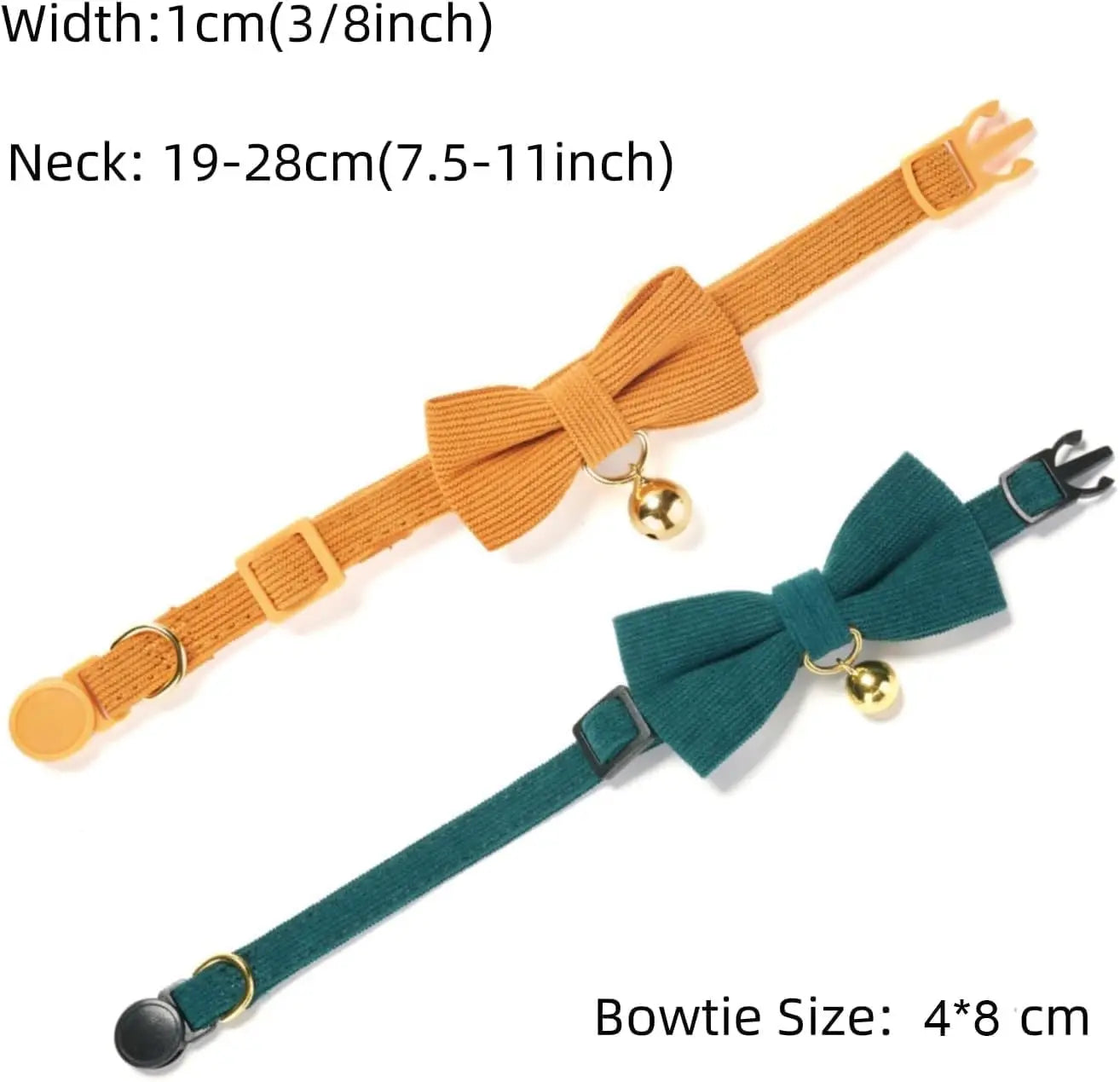 2 Pack Soft Corduroy Cat Collars with Bow Tie & Bell, Adjustable Breakaway