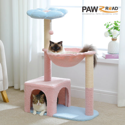 Flower Cat Tree with Large Metal Frame Hammock  with Sisal Scratching Posts for Small Indoor Cats