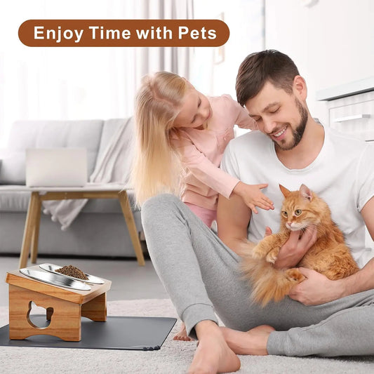 15° Tilted Elevated Pet Bowls with Silicone Mat, Solid Wood Stand for Cats and Small Dogs