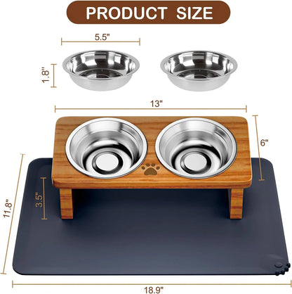 15° Tilted Elevated Pet Bowls with Silicone Mat, Solid Wood Stand for Cats and Small Dogs