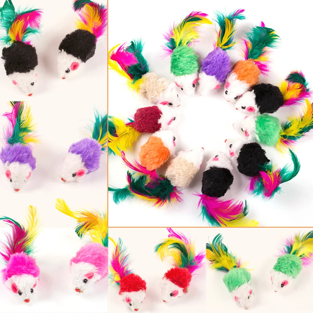 10 Pcs Mouse Colorful Feather Plush Rattle Set for Indoor Cats
