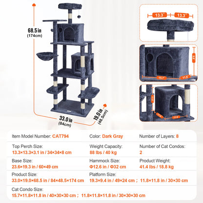 Cat Tower with Cat Condo Sisal Scratching Post Hammock and Top Perch