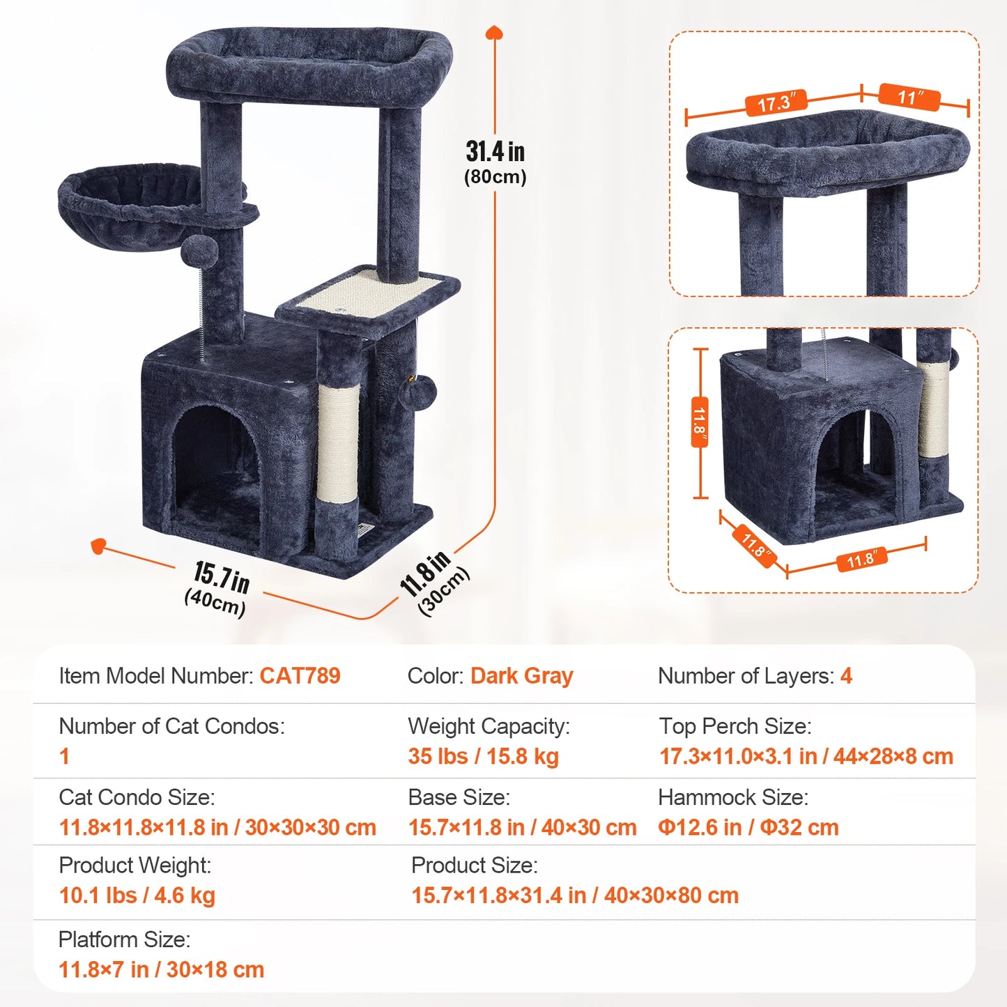 Cat Tower with Cat Condo Sisal Scratching Post Hammock and Top Perch
