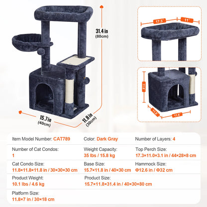 Cat Tower with Cat Condo Sisal Scratching Post Hammock and Top Perch