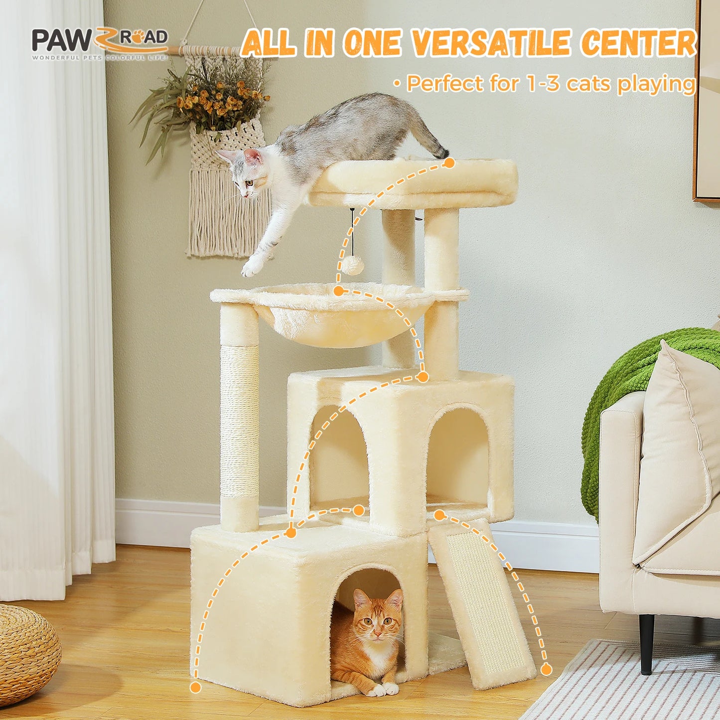Large Cat Tree for Indoor Cats with Sisal Scratching Post