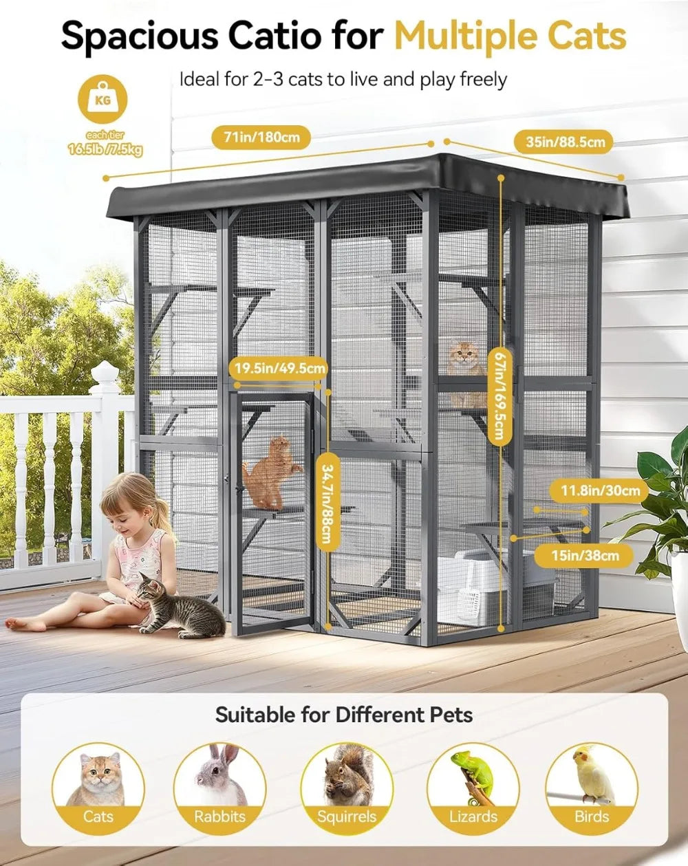 Large 71" Outdoor Cat Enclosure with Waterproof Roof, 3 Tier