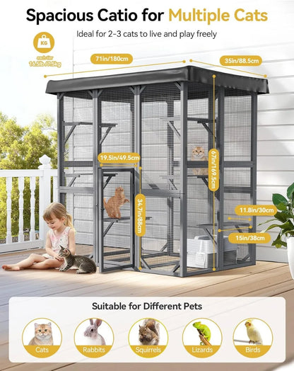 Large 71" Outdoor Cat Enclosure with Waterproof Roof, 3 Tier