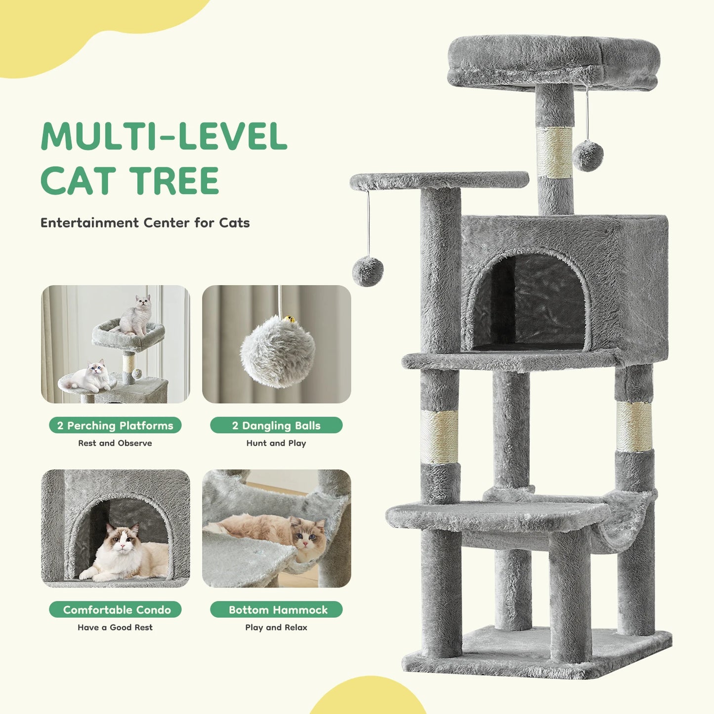 44In Cat Tree Tall Multi-Cat Climbing Tower Natural Sisal Scratching Posts