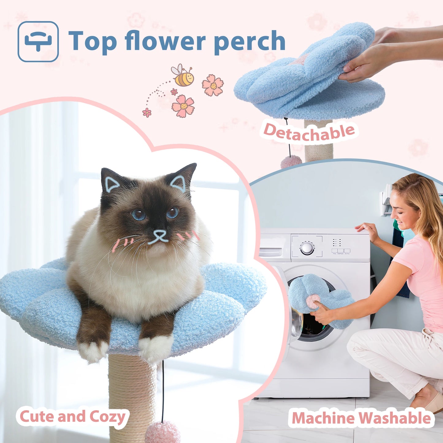 Flower Cat Tree with Large Metal Frame Hammock  with Sisal Scratching Posts for Small Indoor Cats