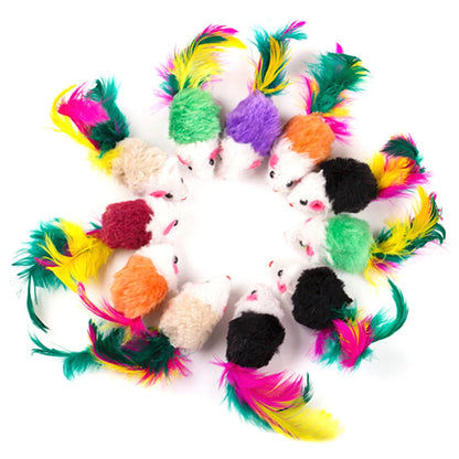 10 Pcs Mouse Colorful Feather Plush Rattle Set for Indoor Cats