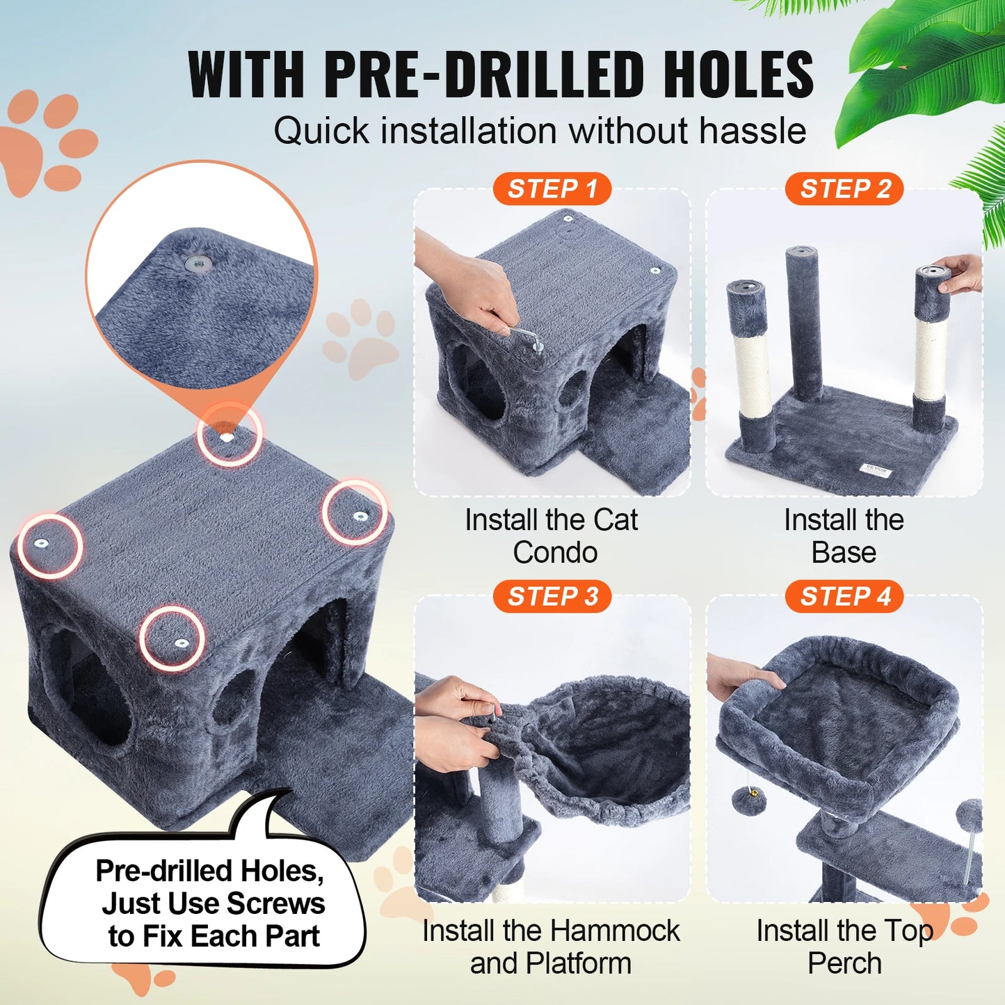 Cat Tower with Cat Condo Sisal Scratching Post Hammock and Top Perch