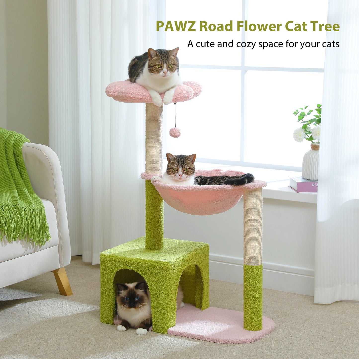 Flower Cat Tree with Large Metal Frame Hammock  with Sisal Scratching Posts for Small Indoor Cats