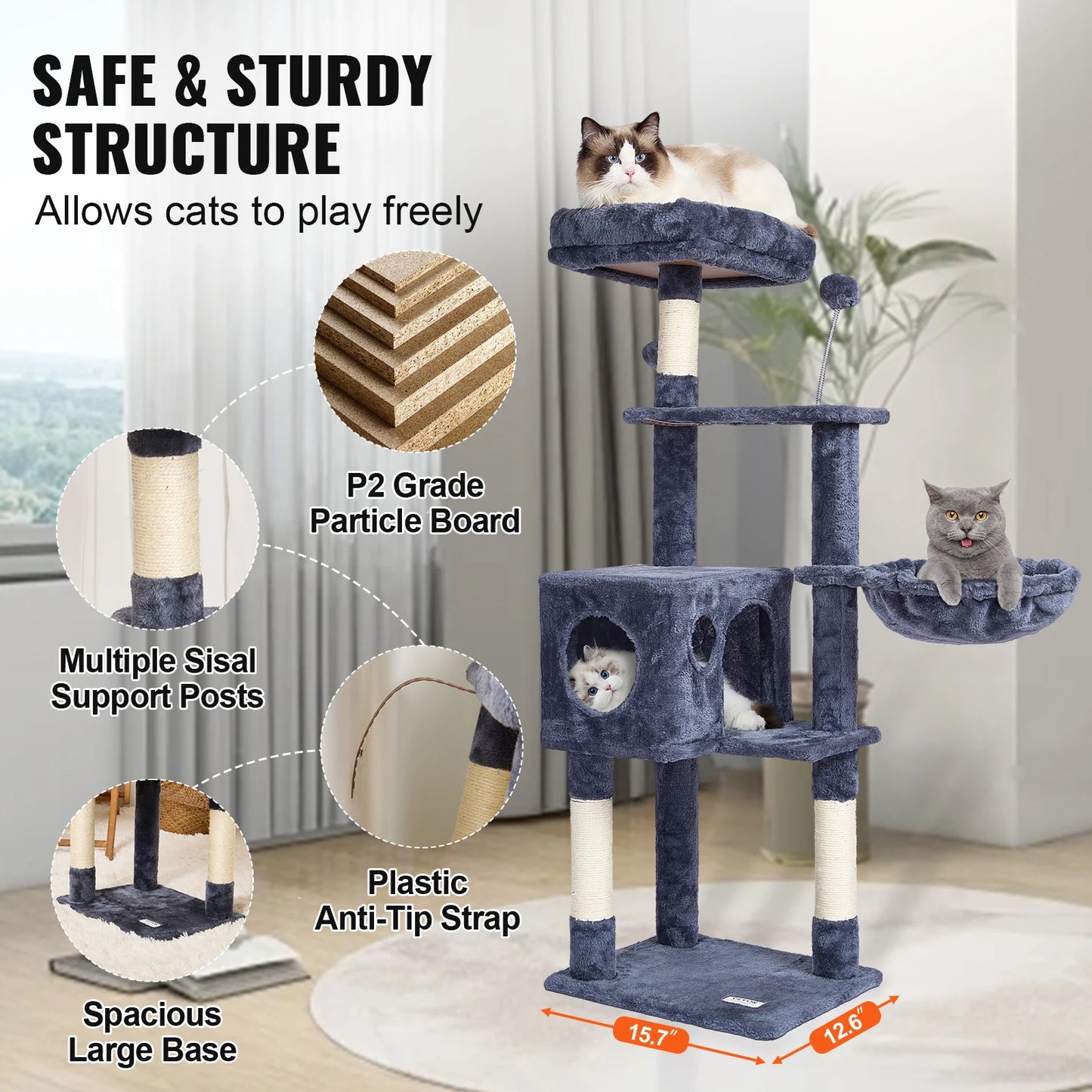 Cat Tower with Cat Condo Sisal Scratching Post Hammock and Top Perch