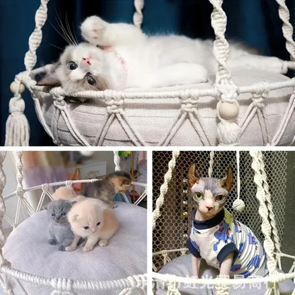Extra Large Hand-woven Cotton Rope Cat Hammock 40cm/15.75in Super Load-bearing Durable Fits 2 Cats