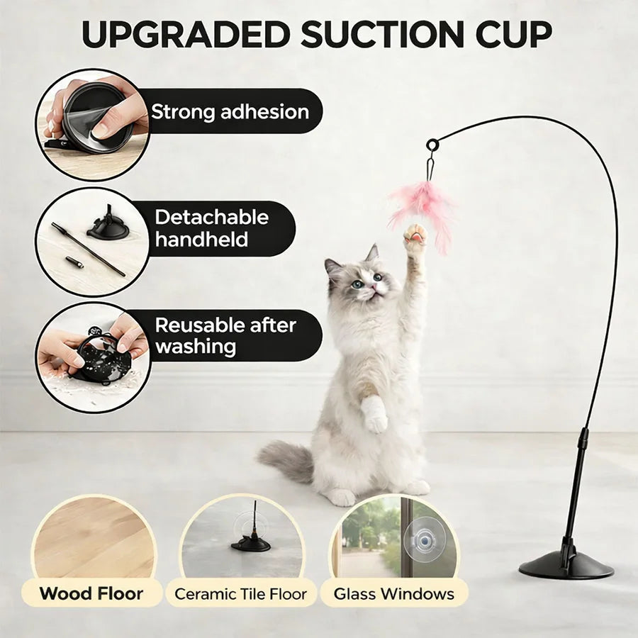 Interactive Cat Teaser Stick Bell Extended Rod Strong Suction Cup Hands-Free Indoor Play Toy