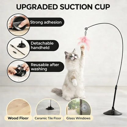 Interactive Cat Teaser Stick Bell Extended Rod Strong Suction Cup Hands-Free Indoor Play Toy