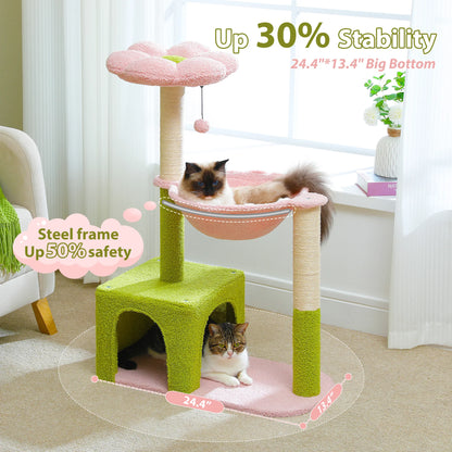 Flower Cat Tree with Large Metal Frame Hammock  with Sisal Scratching Posts for Small Indoor Cats