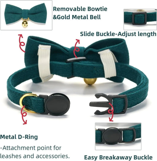2 Pack Soft Corduroy Cat Collars with Bow Tie & Bell, Adjustable Breakaway