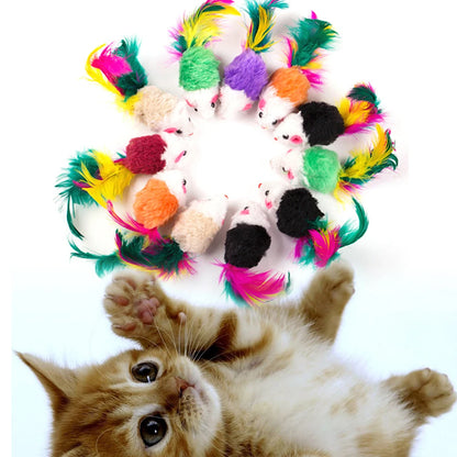 10 Pcs Mouse Colorful Feather Plush Rattle Set for Indoor Cats