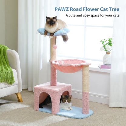 Flower Cat Tree with Large Metal Frame Hammock  with Sisal Scratching Posts for Small Indoor Cats