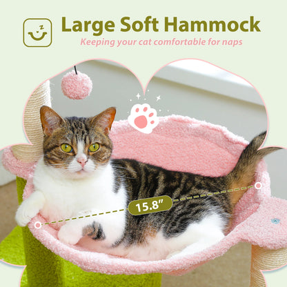 Flower Cat Tree with Large Metal Frame Hammock  with Sisal Scratching Posts for Small Indoor Cats