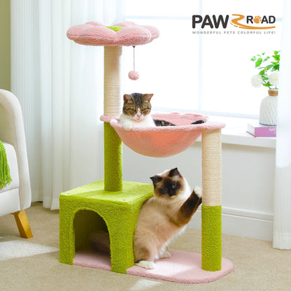Flower Cat Tree with Large Metal Frame Hammock  with Sisal Scratching Posts for Small Indoor Cats