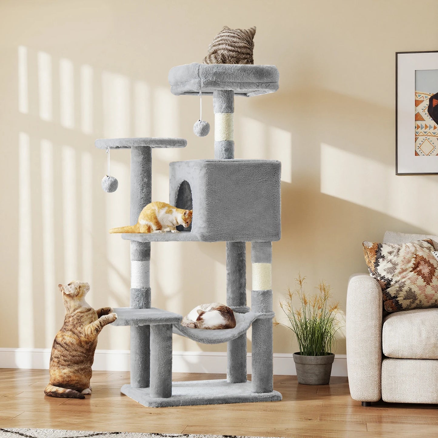 44In Cat Tree Tall Multi-Cat Climbing Tower Natural Sisal Scratching Posts