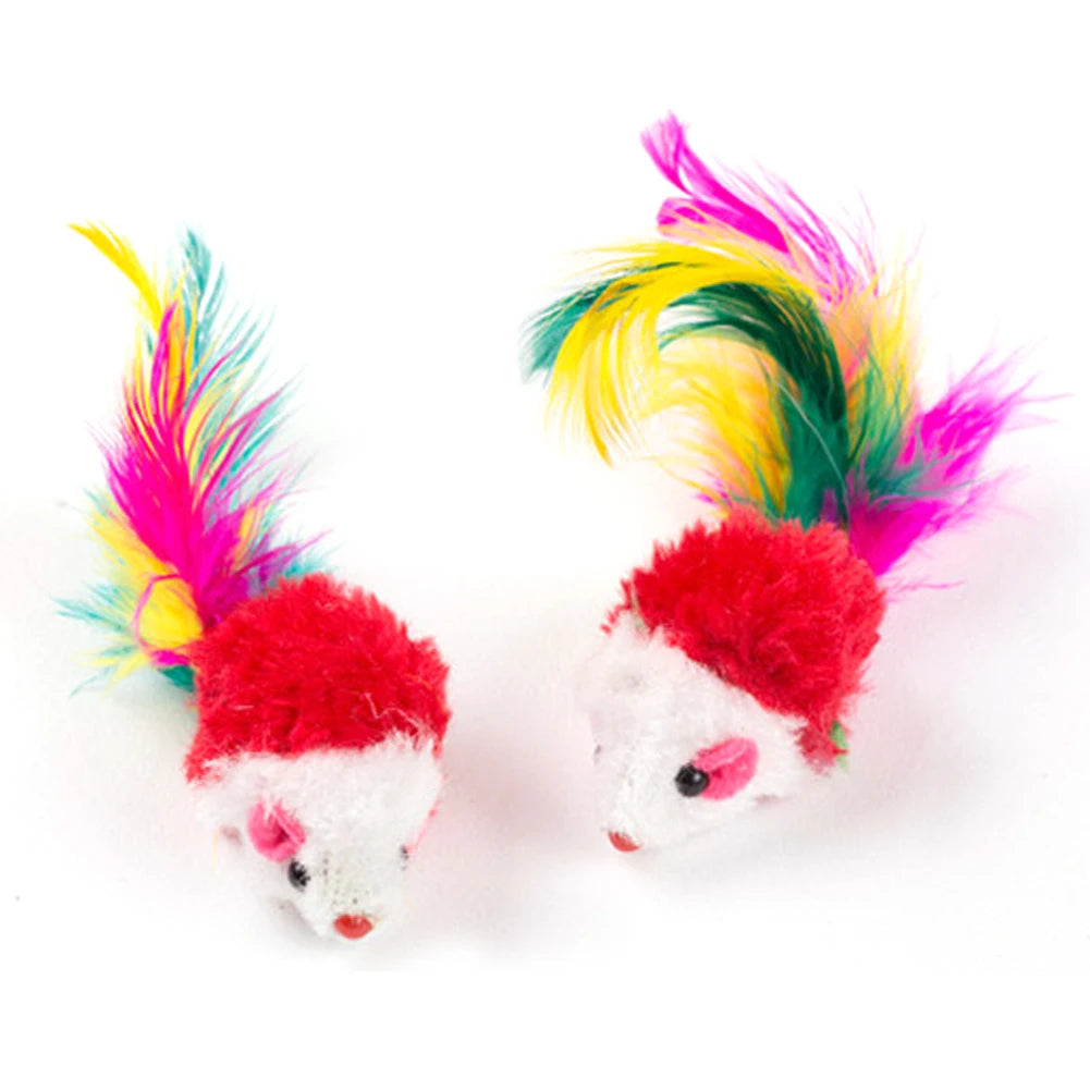 10 Pcs Mouse Colorful Feather Plush Rattle Set for Indoor Cats
