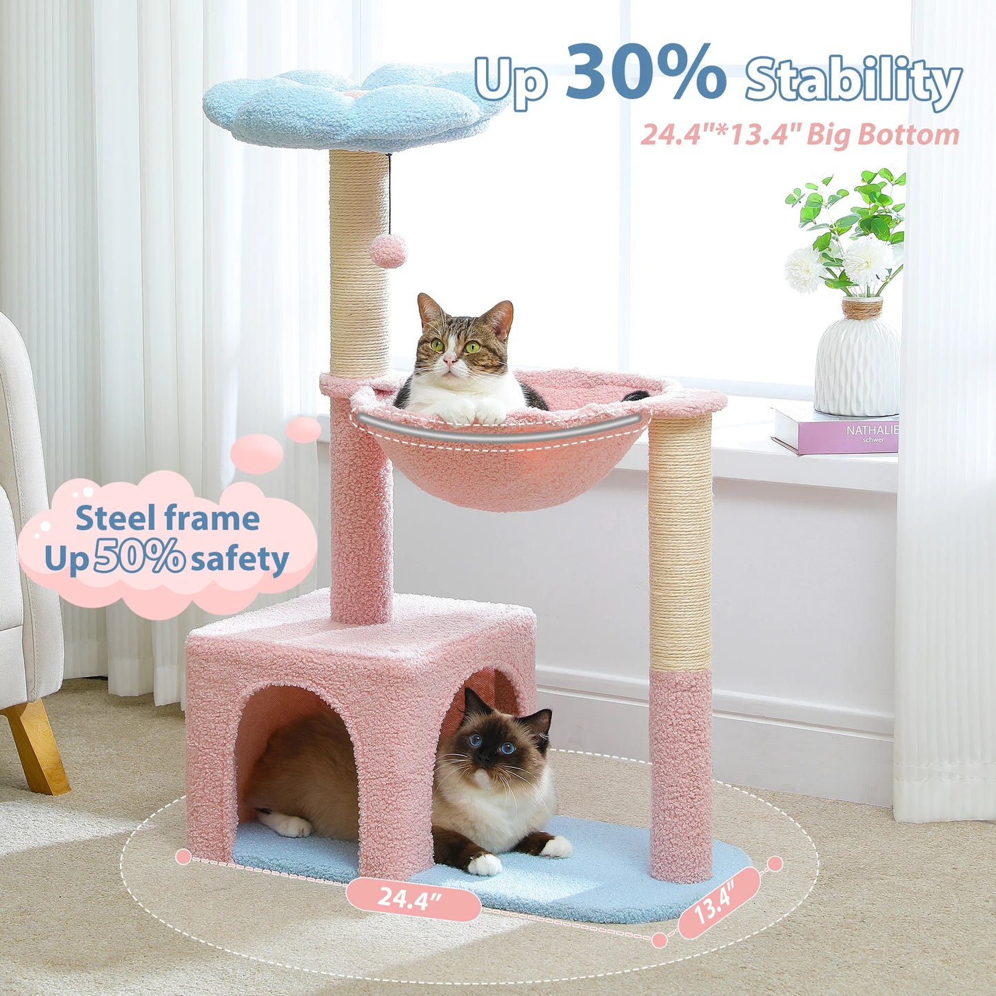 Flower Cat Tree with Large Metal Frame Hammock  with Sisal Scratching Posts for Small Indoor Cats