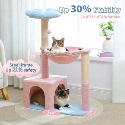 Flower Cat Tree with Large Metal Frame Hammock  with Sisal Scratching Posts for Small Indoor Cats