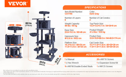 Cat Tower with Cat Condo Sisal Scratching Post Hammock and Top Perch