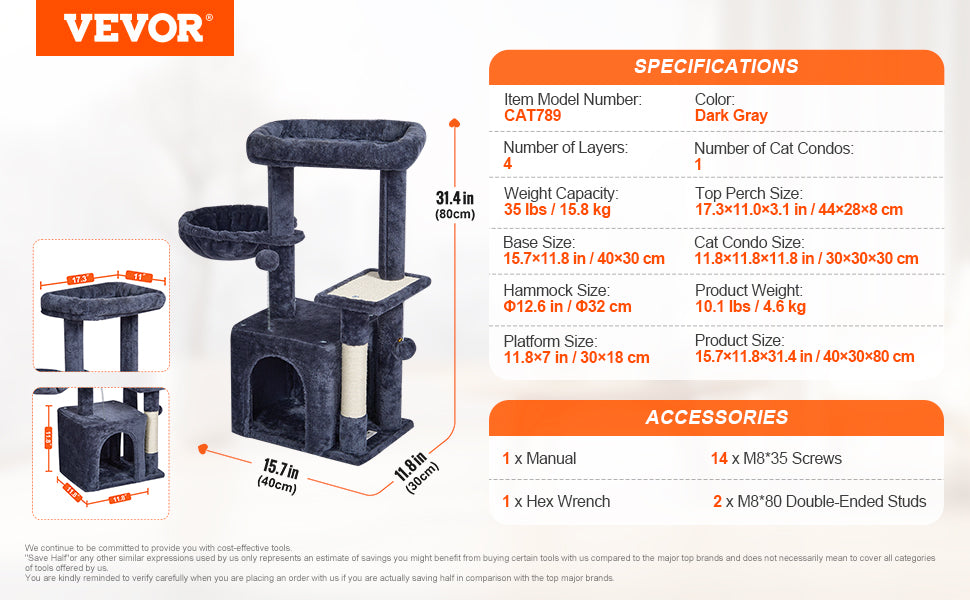 Cat Tower with Cat Condo Sisal Scratching Post Hammock and Top Perch
