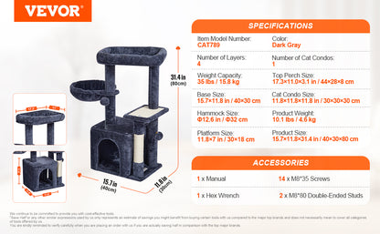 Cat Tower with Cat Condo Sisal Scratching Post Hammock and Top Perch