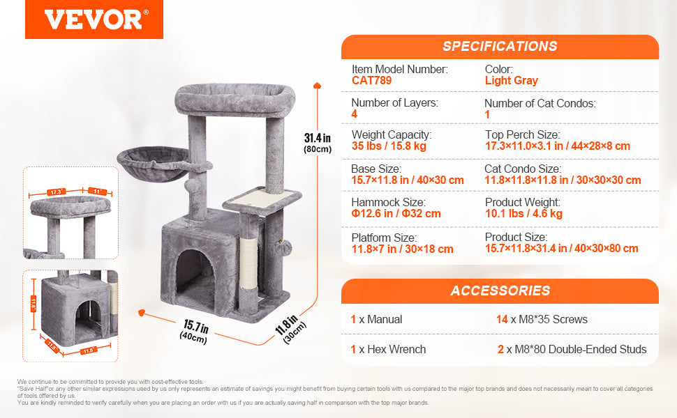 Cat Tower with Cat Condo Sisal Scratching Post Hammock and Top Perch