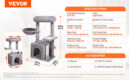Cat Tower with Cat Condo Sisal Scratching Post Hammock and Top Perch