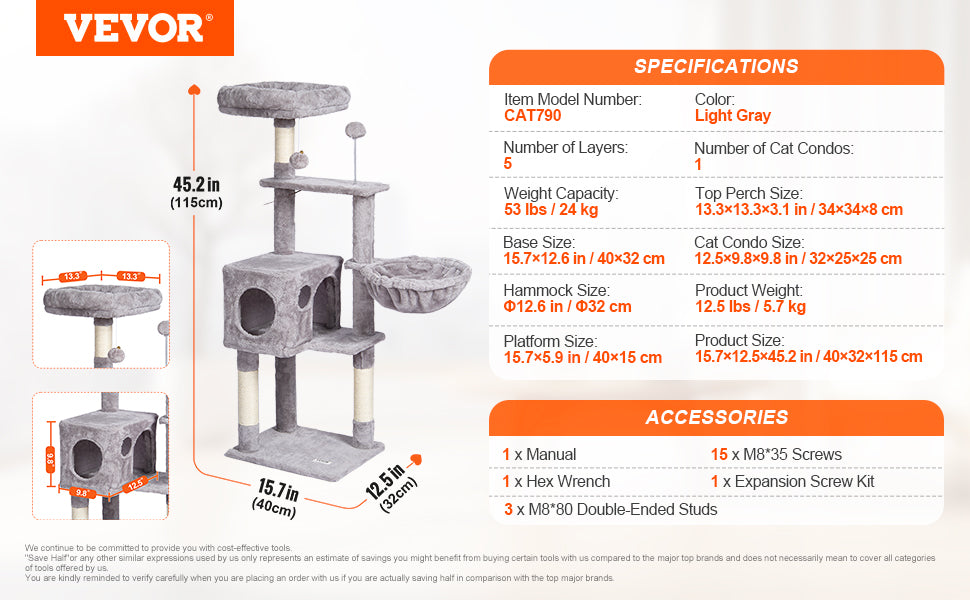 Cat Tower with Cat Condo Sisal Scratching Post Hammock and Top Perch
