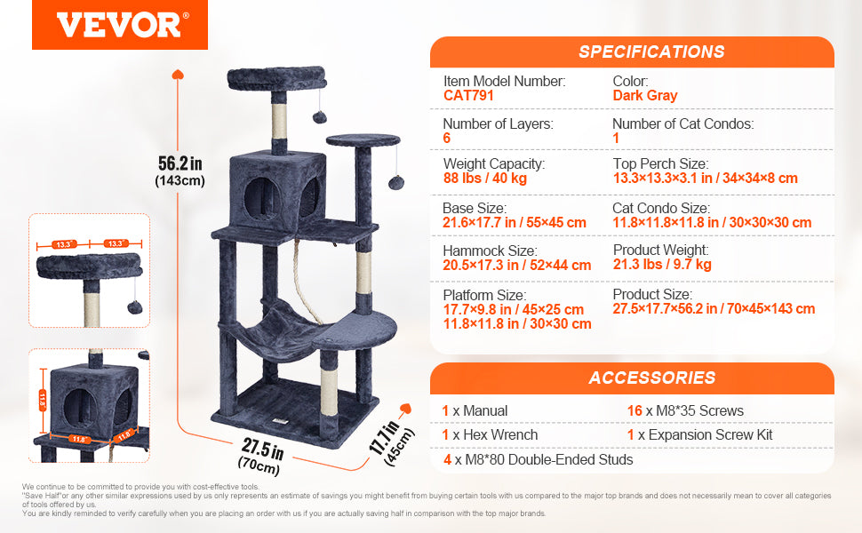 Cat Tower with Cat Condo Sisal Scratching Post Hammock and Top Perch