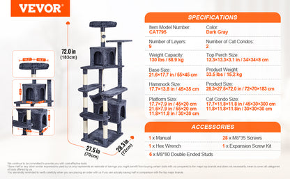 Cat Tower with Cat Condo Sisal Scratching Post Hammock and Top Perch