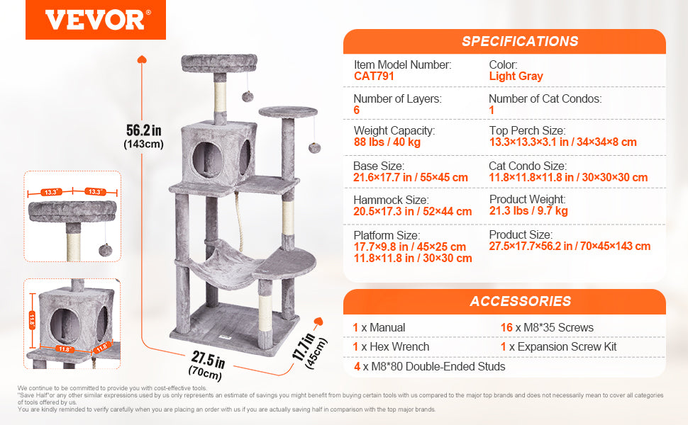 Cat Tower with Cat Condo Sisal Scratching Post Hammock and Top Perch